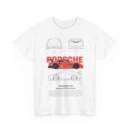 Elegant white men's t-shirt featuring a vibrant coral-pink Porsche race car graphic alongside detailed technical illustrations and an empowering message, perfect for automotive lovers.