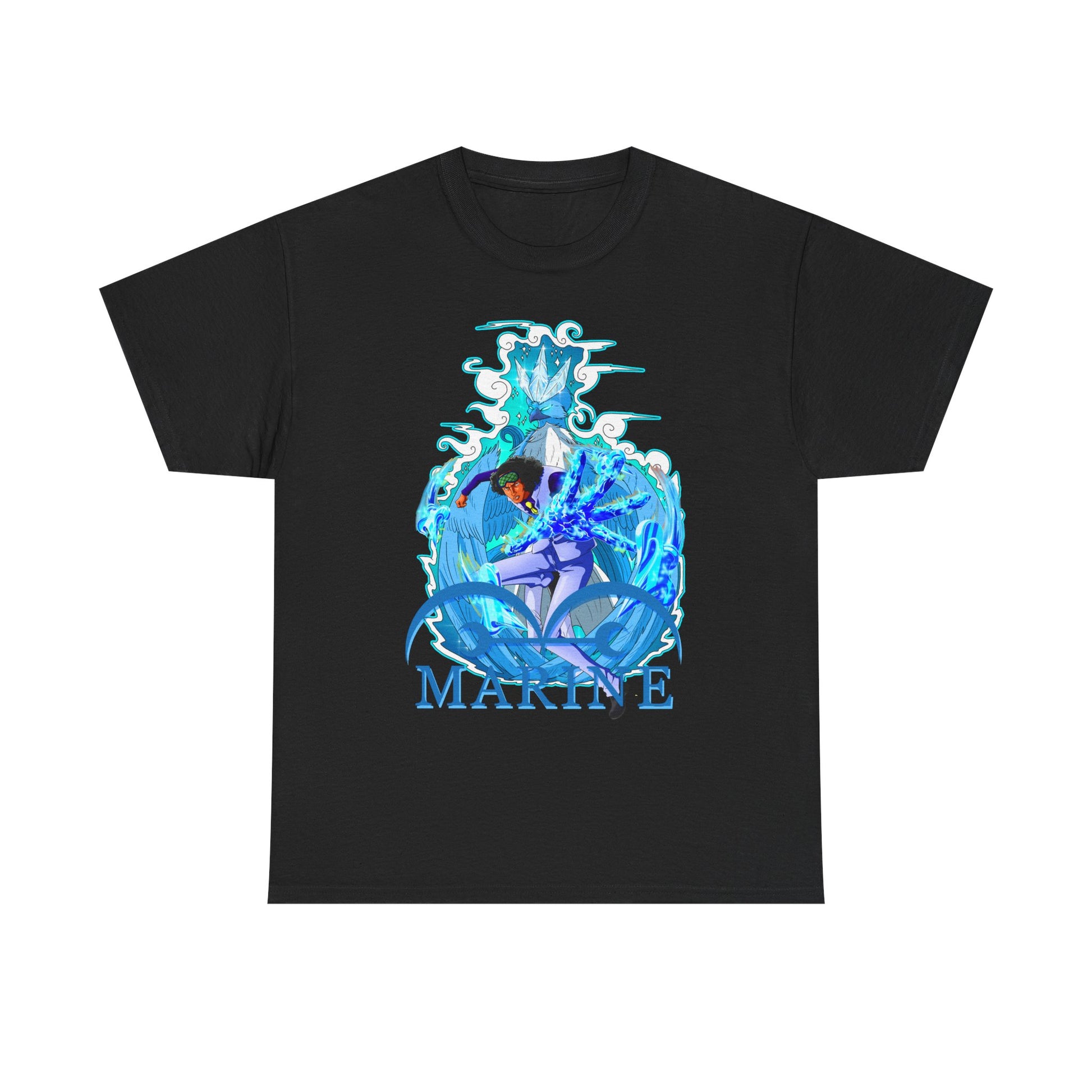 Refined black men's T-shirt designed with a striking marine anime graphic, featuring the prominent word 'MARINE' in luminous blue, perfect for those who appreciate unique style.