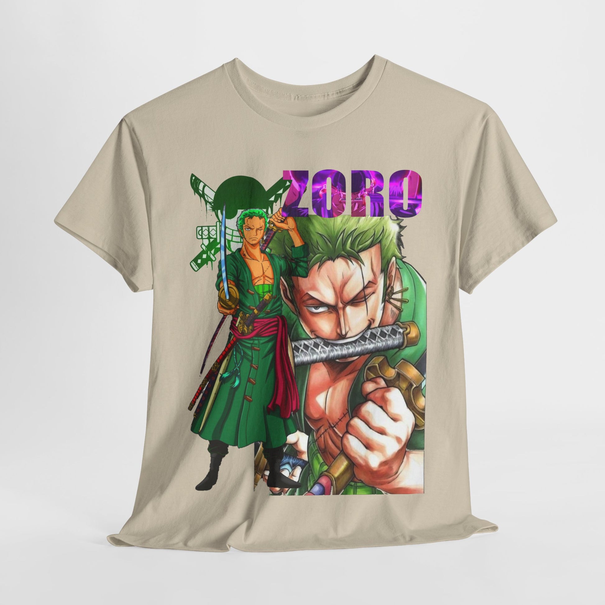 Stylish Roronoa Zoro graphic t-shirt elegantly laid out, showcasing bold and colourful artwork ideal for both casual wear and anime-themed events.