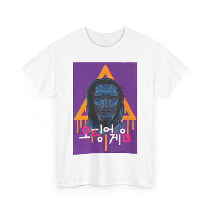 Squid Game Unisex Men’s Women’s Graphic Cotton Funny T Shirt Tee showcasing an artistic interpretation of a mysterious character, designed for those who appreciate unique urban style.