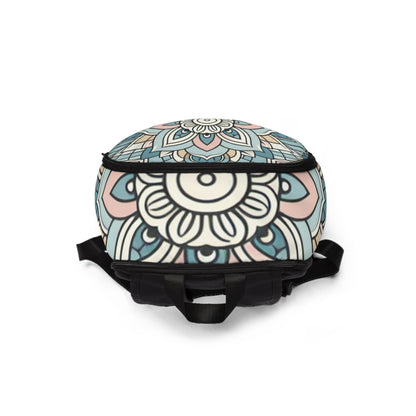 Luxurious FlexFit Fusion Art Backpack by Dazzling Dreams Studio, featuring a stylish pastel design with intricate patterns in soft blues, gentle pinks, subtle greens, and warm yellows, perfect for modern travellers who appreciate artistry and elegance.