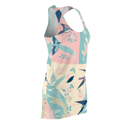 Woman wearing the Emilia Rosseau Racerback Dress by Dazzling Dreams Studio at a garden party, radiating style and comfort with its racerback design.