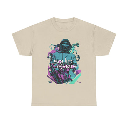 Luxurious unisex cotton t-shirt highlighting a striking design related to Squid Game, featuring an eye-catching hooded character amidst an artistic explosion of colors, ideal for trendsetters seeking unique casual wear.