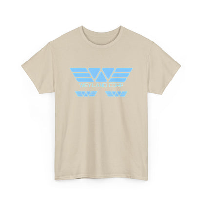 Front view of the chic Weyland Corporation Retro Logo Graphic Tee Unisex in beige, displaying a striking logo in serene blue tones.