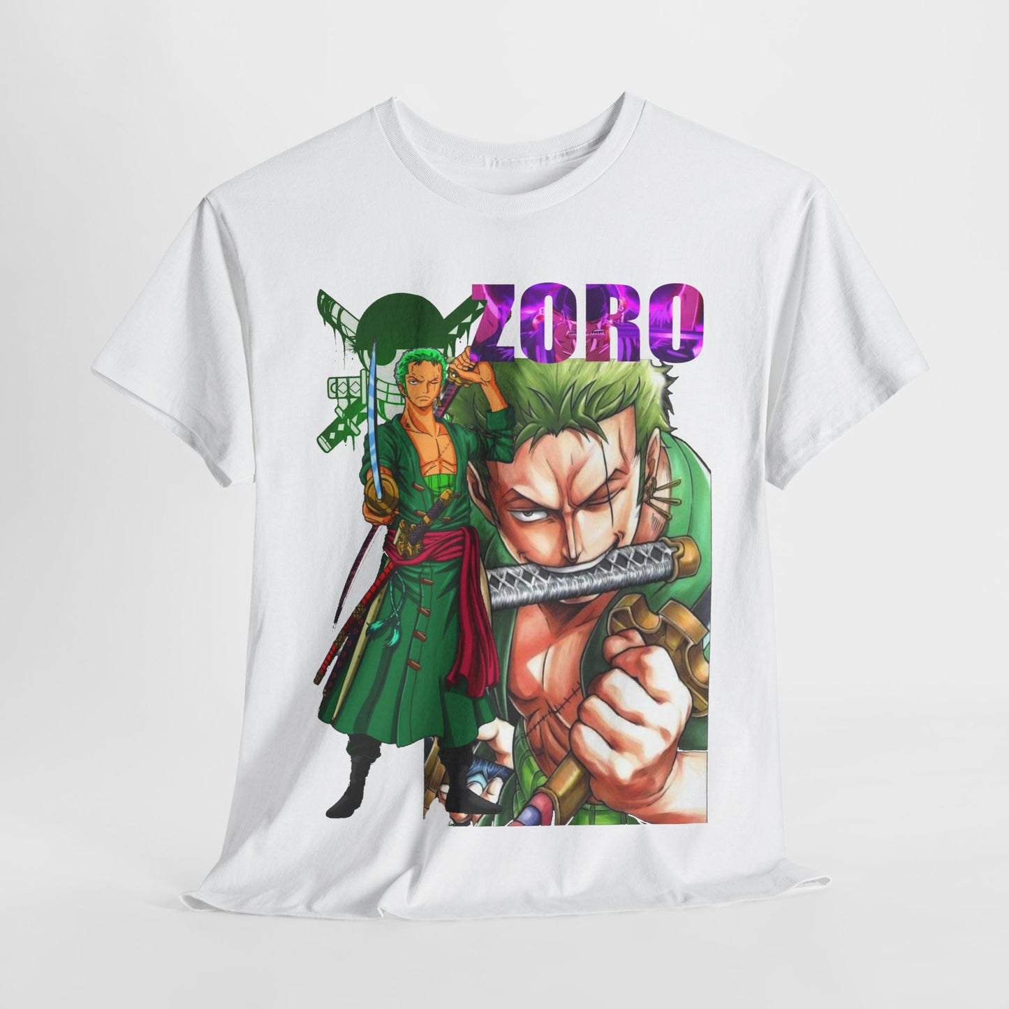 Artful display of a Roronoa Zoro graphic t-shirt against a minimalist background, emphasising its detailed artwork and contemporary style.