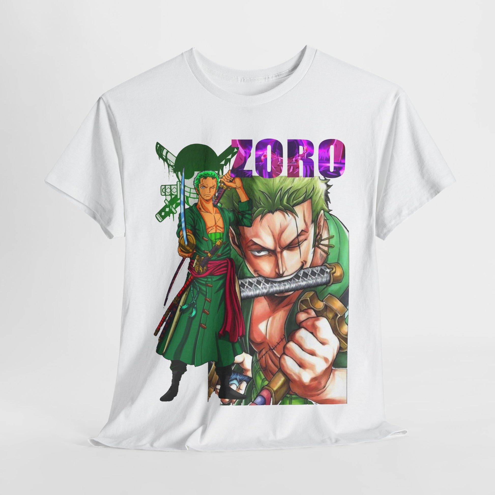 Artful display of a Roronoa Zoro graphic t-shirt against a minimalist background, emphasising its detailed artwork and contemporary style.
