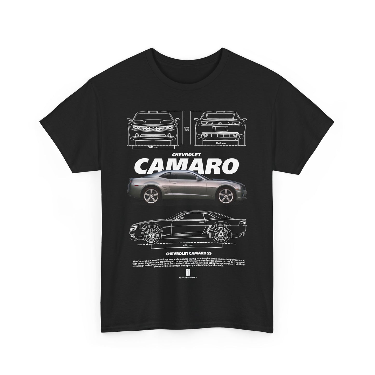 Sleek Men's T-shirt in black showcasing an eye-catching Chevrolet Camaro graphic, ideal for automotive aficionados.