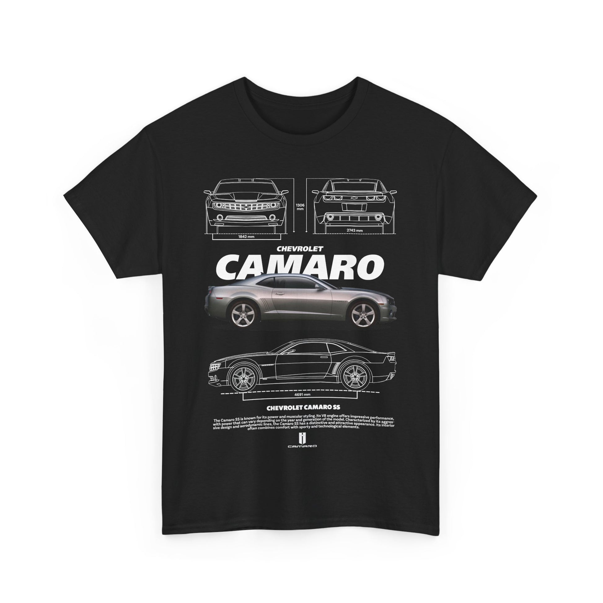 Sleek Men's T-shirt in black showcasing an eye-catching Chevrolet Camaro graphic, ideal for automotive aficionados.