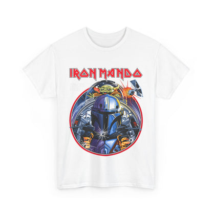 Iron Mando Graphic Tee showcasing a luxurious Mandalorian design, featuring intricate detailing and a vivid circular motif with a commanding figure and a beloved child-like character, perfect for Star Wars enthusiasts.