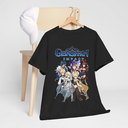 Luxurious Genshin Impact-inspired T-shirt displayed on a wooden hanger, showcasing vibrant anime graphics and premium quality fabric, perfect for gaming enthusiasts.