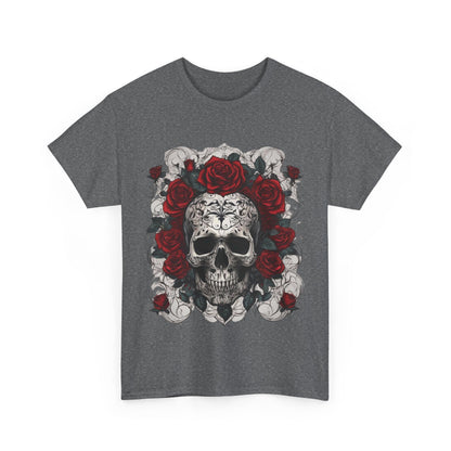Front view of Skulls and Roses Cotton Tee featuring exquisite steampunk skull and rose graphic, perfect for alternative fashion enthusiasts.