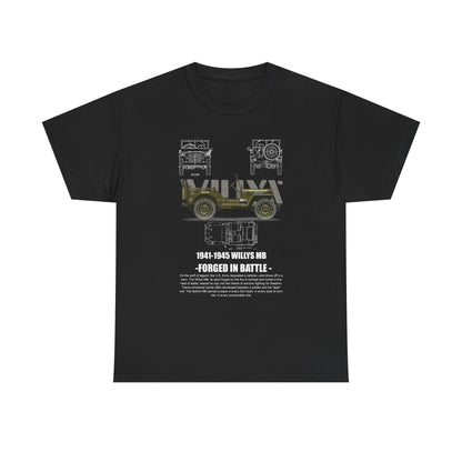 Elegant black men's t-shirt showcasing a striking design of the 1941-1945 Willys MB military jeep, combining historic charm with modern style.