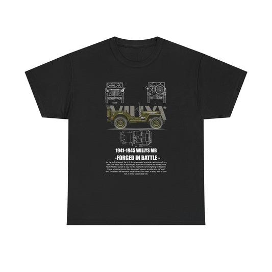 Elegant black men's t-shirt showcasing a striking design of the 1941-1945 Willys MB military jeep, combining historic charm with modern style.