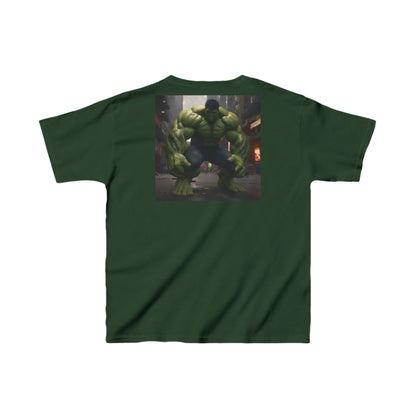 Kids Incredible Hulk Heavy Cotton T-Shirt in forest green with a bold Hulk graphic on the back, crafted for young admirers of the iconic character.