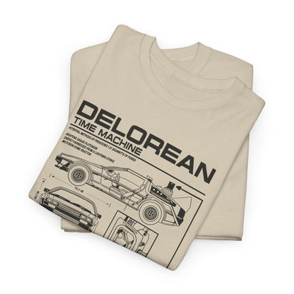 Folded beige t-shirts featuring detailed DeLorean time machine blueprint design, highlighting an elegant blend of nostalgia and technical artistry.