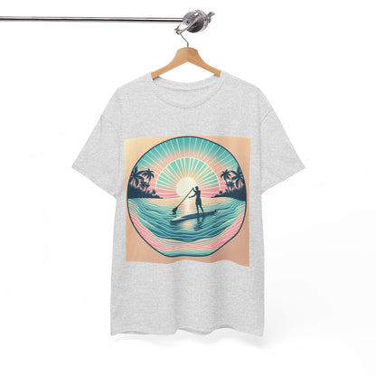 Person wearing the Delightfull Paddle Board T-Shirt by Dazzling Dreams Studio, highlighting the modern fit that flatters all body types while celebrating a passion for paddleboarding.