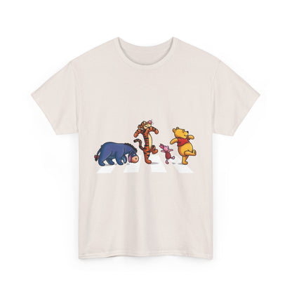 Front view of Pooh and Friends Abbey Road Graphic T-Shirt displaying beloved characters in a whimsical crossing, making a bold statement in unisex luxury apparel.