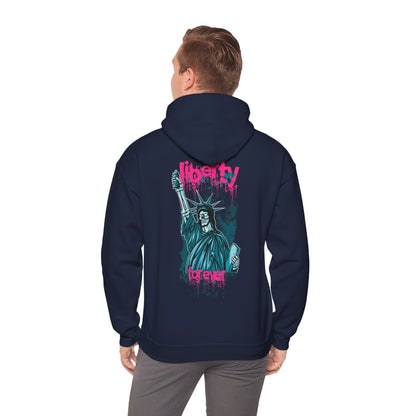 Fashion-forward man wearing a navy hoodie adorned with urban graffiti artwork of the Statue of Liberty, merging contemporary elegance with street style.