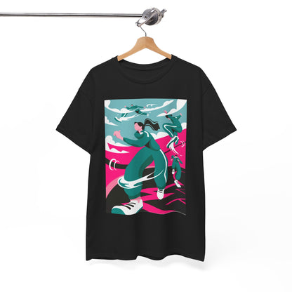 Chic black T-shirt on a wooden hanger, showcasing a vibrant illustrative print, merging street style with modern artistic flair.