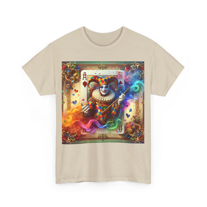 Harlequin Playing Card Graphic Tee featuring a vibrant clown design, showcasing a whimsical aesthetic, perfect for stylish individuals seeking unique fashion.