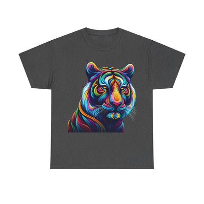 Tiger's Whimsy Graphic Unisex T-Shirt adorned with an intricate kaleidoscope tiger artwork in rich colours on a charcoal background, designed for those who appreciate luxury fashion.