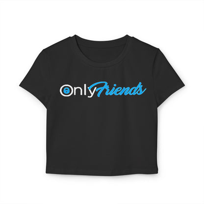 Luxurious black cropped t-shirt featuring playful 'Only Friends' graphic in stylish light blue script, perfect for casual elegance.