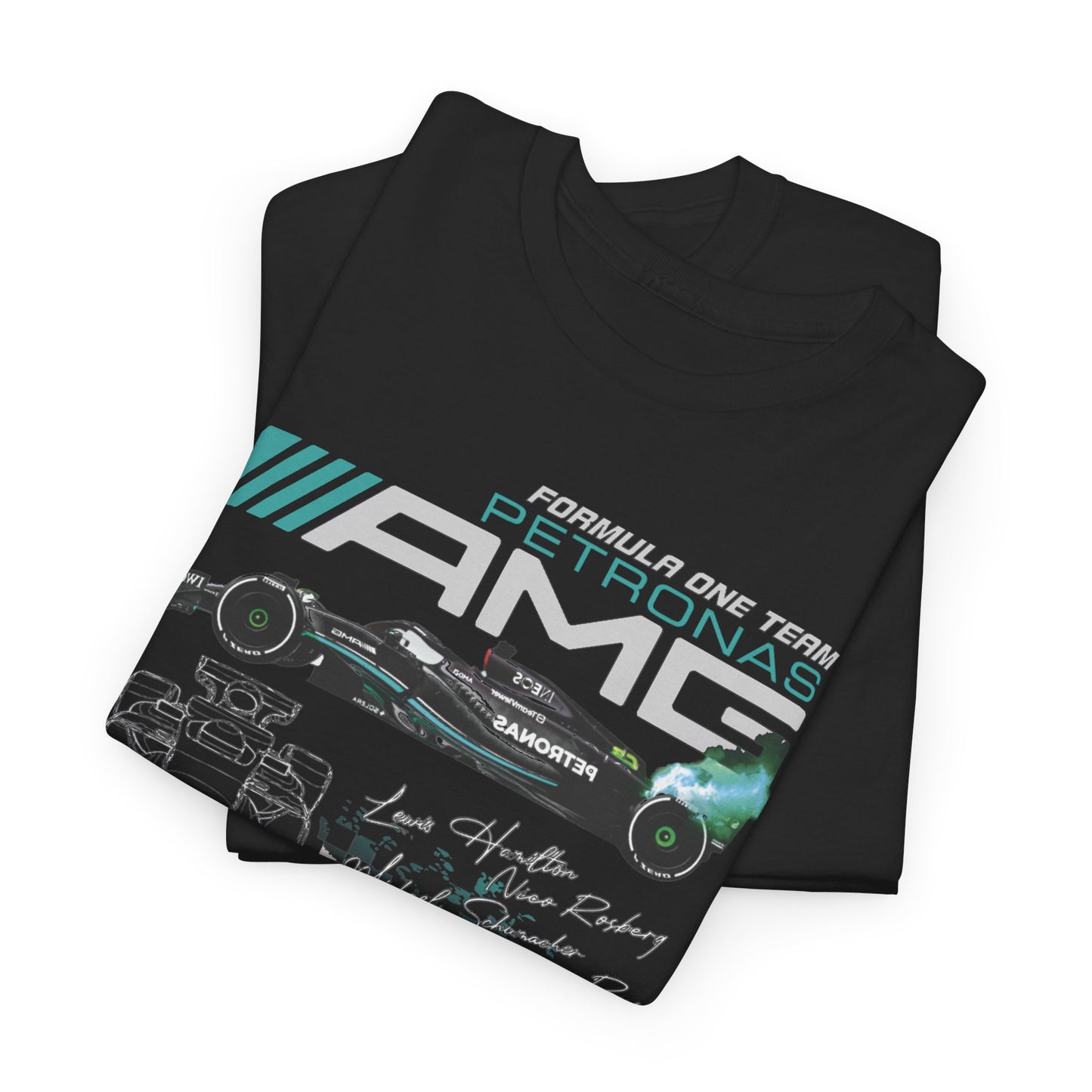 Luxurious black F1 Petronas AMG Mercedes T-shirt folded, showcasing dynamic race car graphics with the 'FORMULA ONE TEAM PETRONAS' logo.
