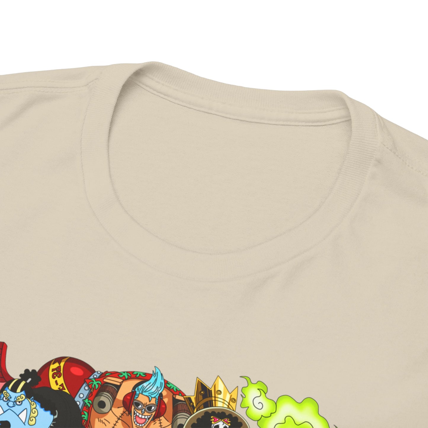 Close-up of the soft fabric and neckline of a men's t-shirt featuring an elaborate Nami graphic, highlighting the quality and stylish details.