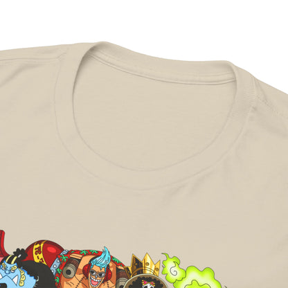 Close-up of the soft fabric and neckline of a men's t-shirt featuring an elaborate Nami graphic, highlighting the quality and stylish details.