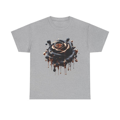 Close-Up Abstract Rose Unisex Cotton Tee Graphic T Shirt displaying a captivating black rose design with rich copper details on a dark grey background.