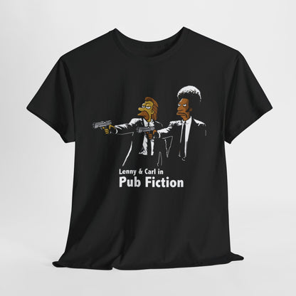 Luxury graphic t-shirt featuring iconic characters Lenny and Carl from The Simpsons in a stylish homage to Pulp Fiction, showcasing a striking design on a black cotton fabric, ideal for both men and women.