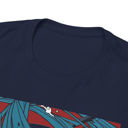 Close-up of luxurious navy t-shirt collar with detailed print of Tanjiro Kamado from Demon Slayer, highlighting exceptional craftsmanship and stylish design.