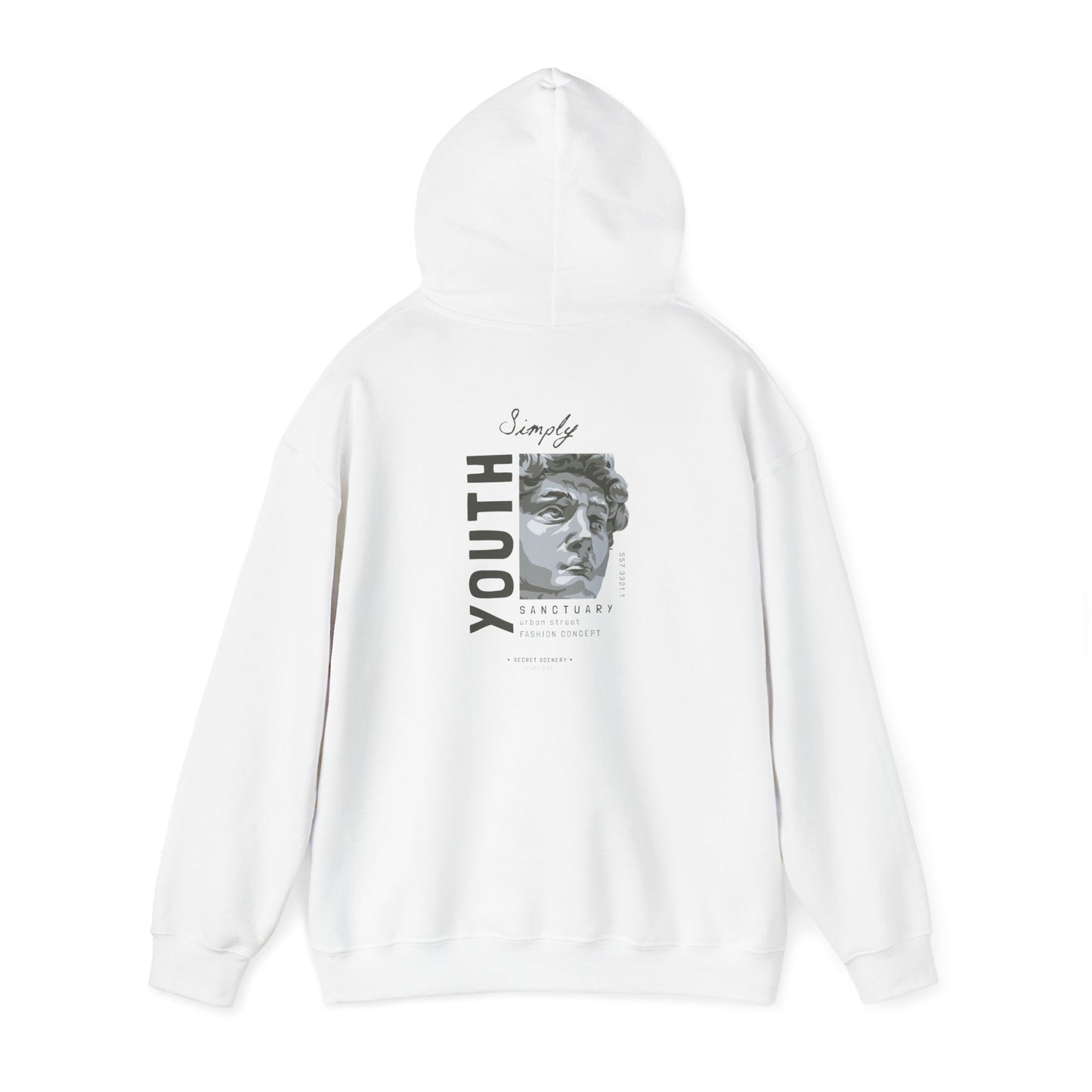 Luxurious white hoodie featuring a bold back print of a sculpted bust with the word 'Youth' elegantly displayed. Ideal for street fashion enthusiasts.