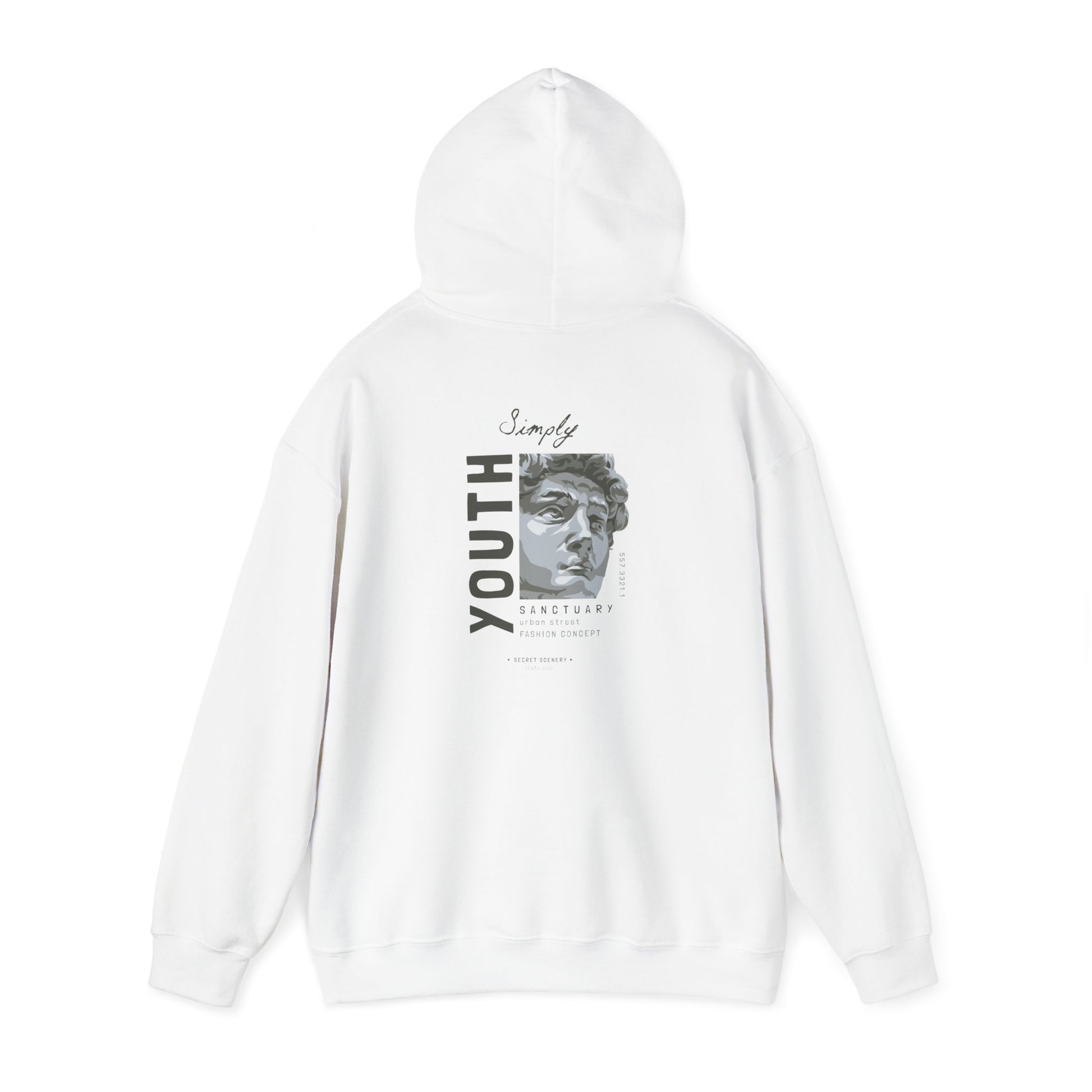 Luxurious white hoodie featuring a bold back print of a sculpted bust with the word 'Youth' elegantly displayed. Ideal for street fashion enthusiasts.