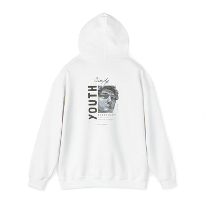 Luxurious white hoodie featuring a bold back print of a sculpted bust with the word 'Youth' elegantly displayed. Ideal for street fashion enthusiasts.