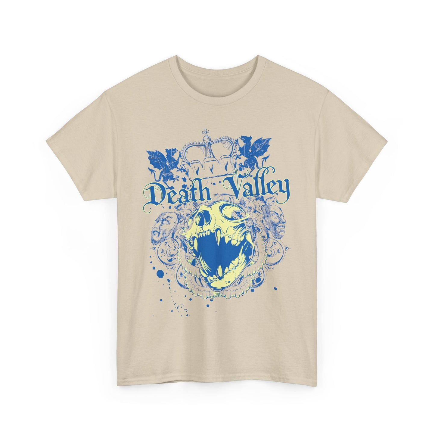Front view of an elegant beige t-shirt adorned with a striking Death Valley skull design in blue, exuding an air of artistic allure.