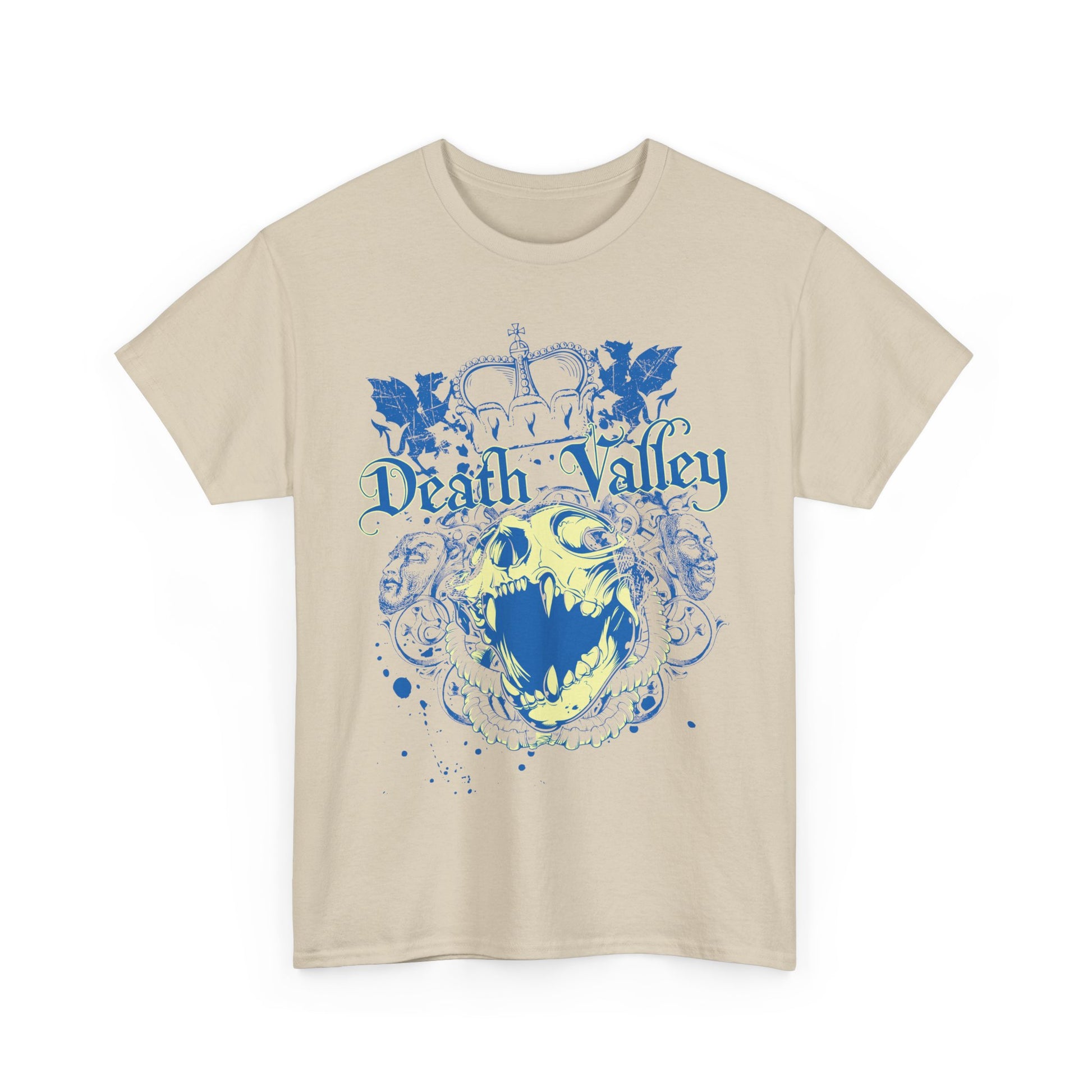 Front view of an elegant beige t-shirt adorned with a striking Death Valley skull design in blue, exuding an air of artistic allure.