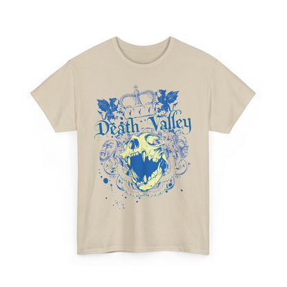 Front view of an elegant beige t-shirt adorned with a striking Death Valley skull design in blue, exuding an air of artistic allure.
