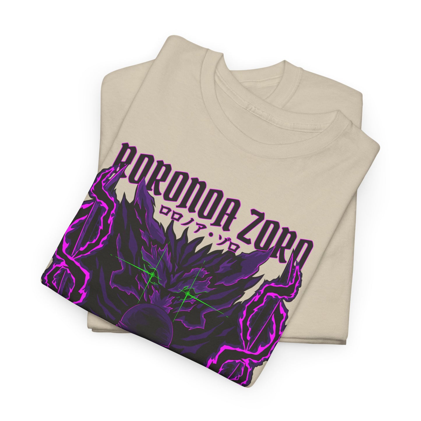 Stylish Roronoa Zoro graphic tee folded elegantly, showcasing the captivating design with bold typography and intricate artwork in rich purple tones.