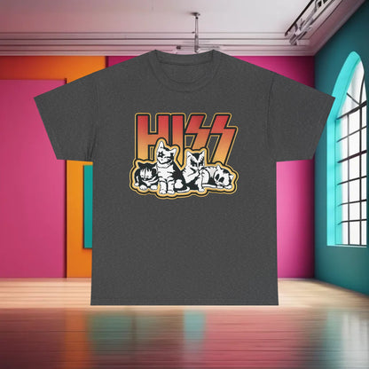 Luxury HISS Cats Rock Band graphic t-shirt displayed against a vibrant background, showcasing playful feline designs and bold typography.