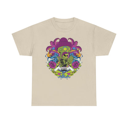 Elegant beige t-shirt showcasing a detailed skeleton graphic with a purple sombrero, flanked by colourful koi fish and roses, perfect for a unique fashion statement.