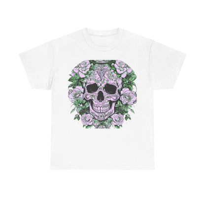 Striking front view of the Skulls and Roses Cotton Tee in white, showcasing the intricate skull and rose graphic for a bold fashion statement.