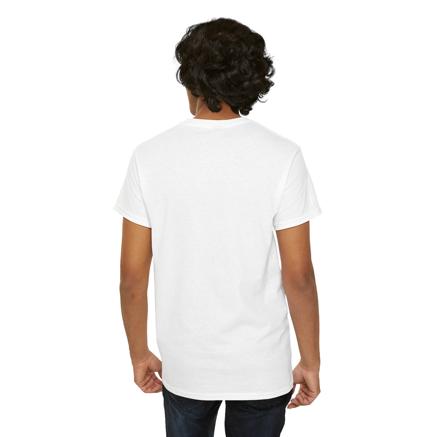 Back view of a model in a chic white T-shirt, featuring a distinguished yet artistic 'Worst Generation' graphic, perfect for casual sophistication.