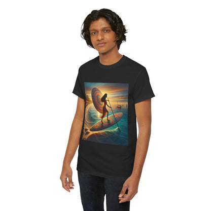 Luxurious paddleboarding T-shirt showcasing a breathtaking aquatic landscape, crafted by Dazzling Dreams Studio for water sport enthusiasts.