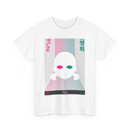 Luxurious white graphic tee featuring a minimalist design inspired by the iconic Squid Game series, showcasing an artistic representation of a playful yet haunting aesthetic.