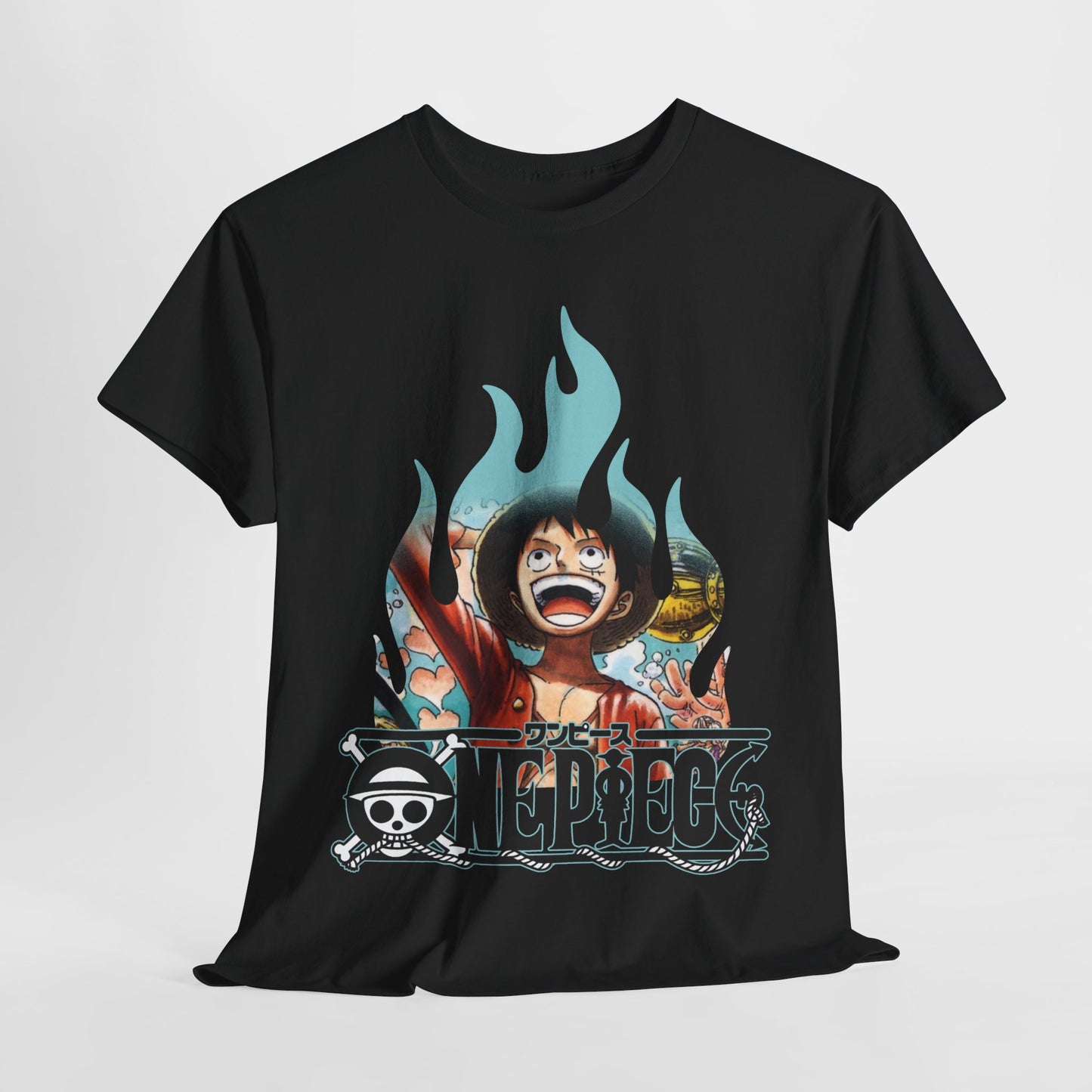 Stylish black graphic t-shirt featuring a vibrant illustration of a beloved character with lively flames and iconic logo, perfect for casual and trendy outfits.