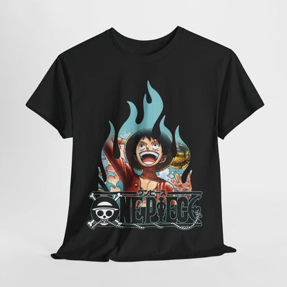 Stylish black graphic t-shirt featuring a vibrant illustration of a beloved character with lively flames and iconic logo, perfect for casual and trendy outfits.