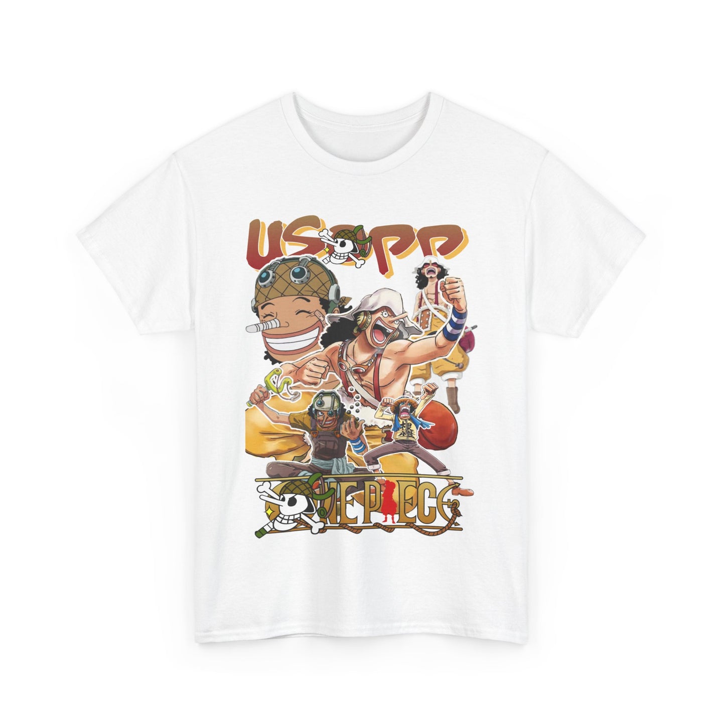 Elegant Anime Manga T-shirt in white, adorned with a bold Usopp collage, ideal for fashionable anime enthusiasts seeking unique style.