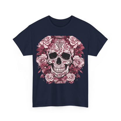 Front view of the Skulls and Roses Cotton Tee showcasing bold skull artwork framed by roses, tailored for alternative fashion lovers.