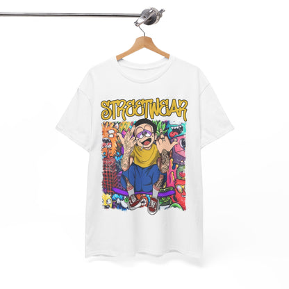 Elegant white t-shirt displayed on a wooden hanger, designed with a bold cartoon graphic of a tattooed character and the word "STREETWEAR" in striking yellow, set against an artistic, colourful background.